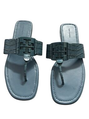 Tory Burch Georgia flat thong sandals blue, croc-embossed leather,Size 11, NWOT
